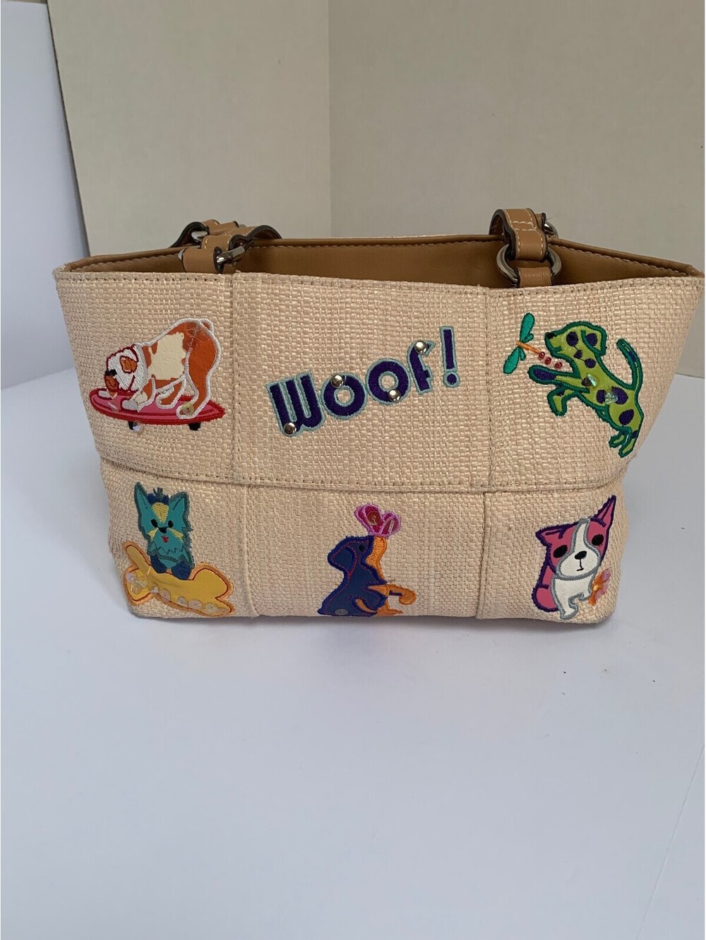 Vintage Rosetti Woven Straw "Woof" Dog Patch Tote Bag Purse
